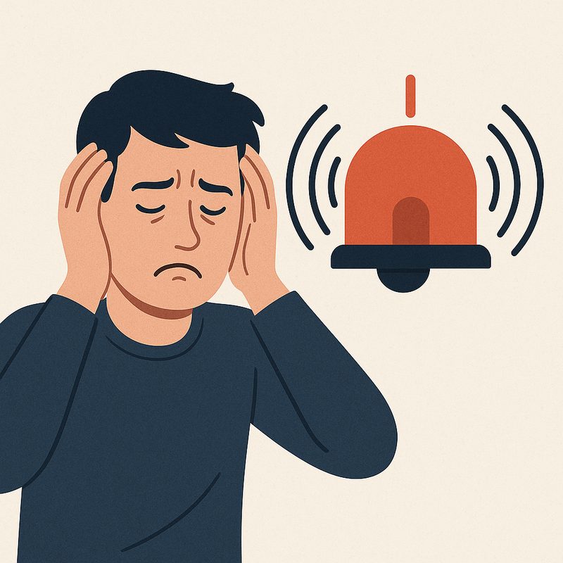 Illustration af mand med hænderne for ørerne og en larmende alarmklokke, angst