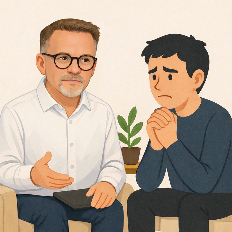 Illustration af terapeut i samtale med en bekymret ung mand om angst