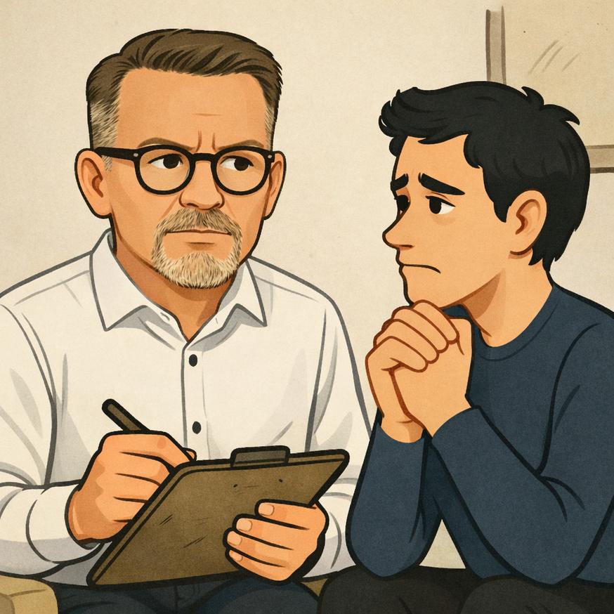 Illustration af terapeut, der lytter til en bekymret ung mand, terapi i Sorø
