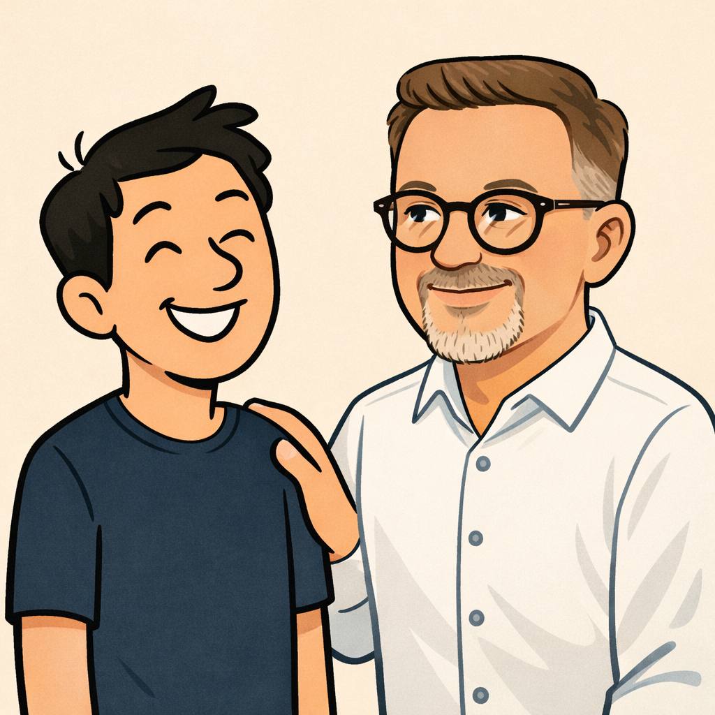 Illustration af smilende terapeut med hånden på skulderen af en glad ung mand