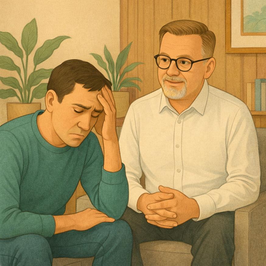 Illustration af en terapeut, der lytter til en mand med hånden mod panden