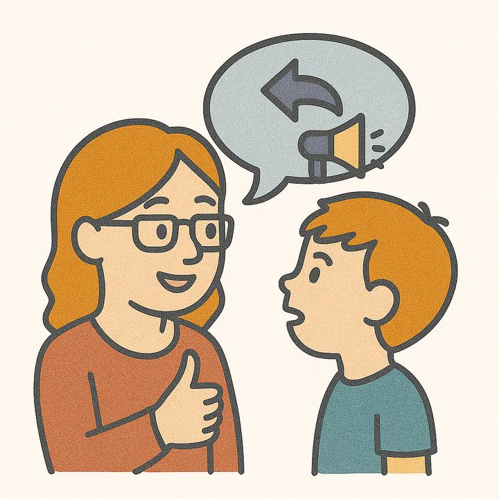 Illustration af voksen med tommelfinger op, der taler med en dreng