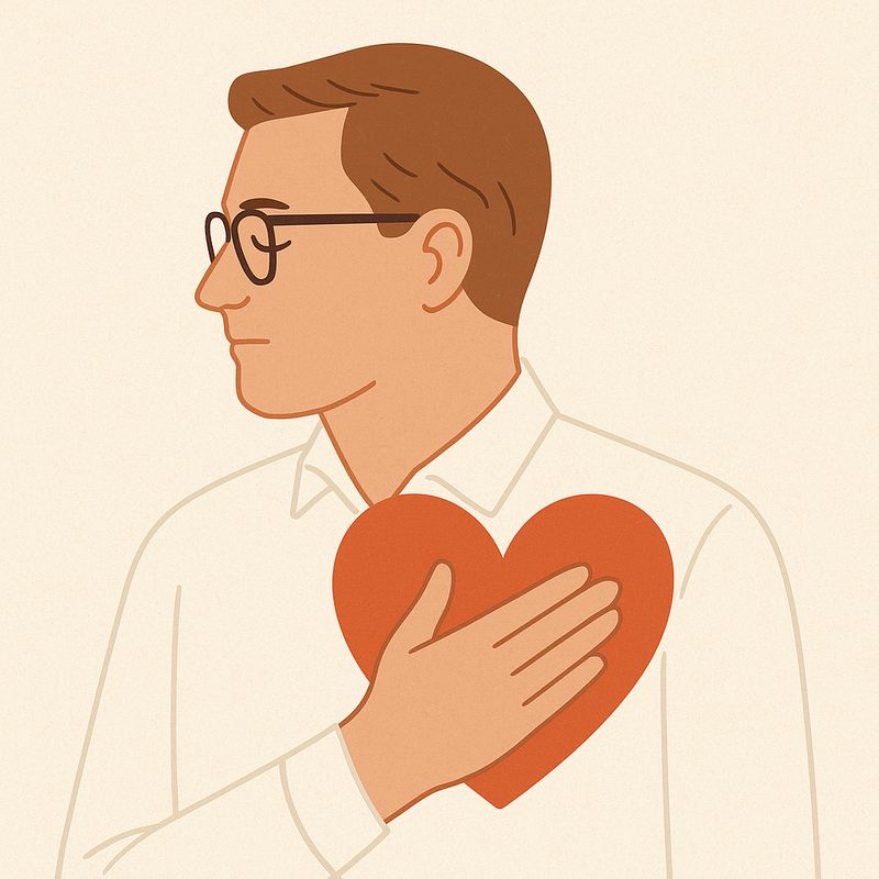 Illustration af mand med hånden på et hjerte, om selvværd