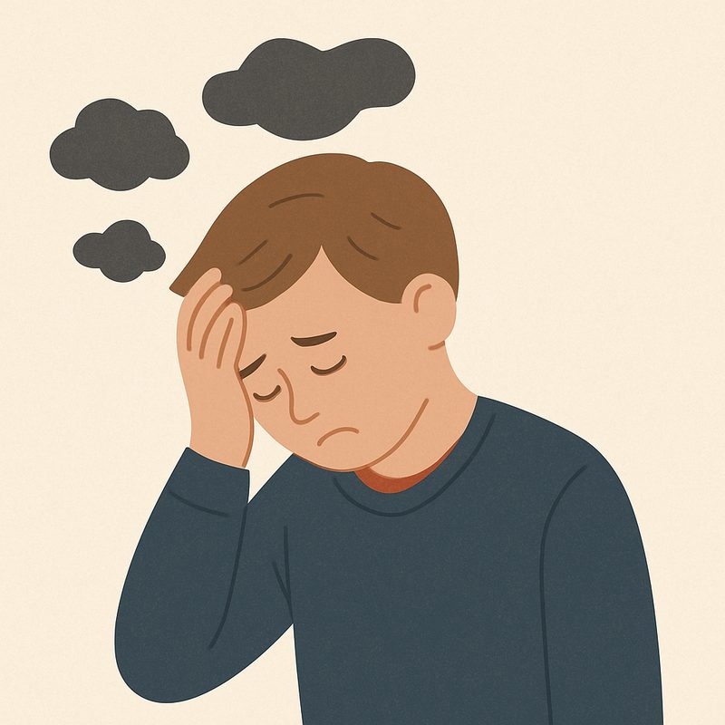 Illustration af trist mand med hånd mod panden under mørke skyer