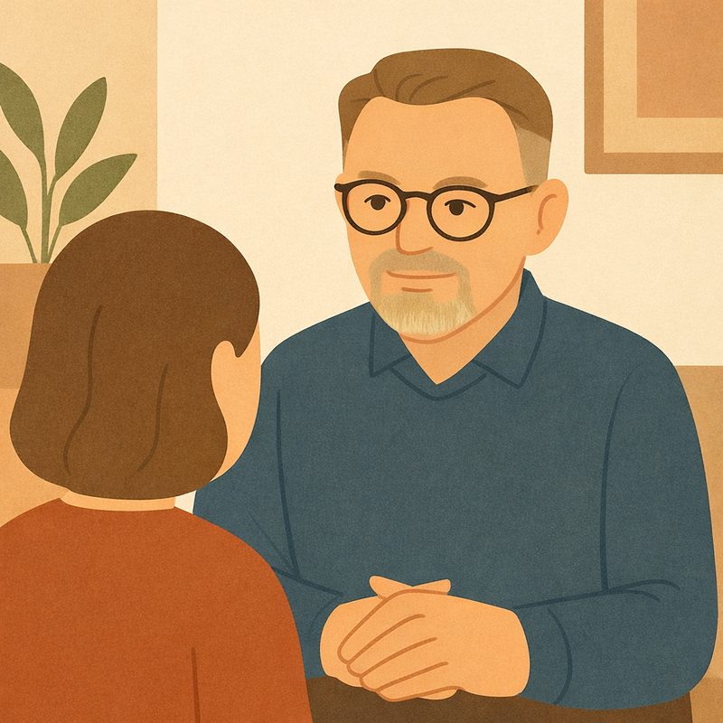 Illustration af terapeut i samtale med en klient om selvværd