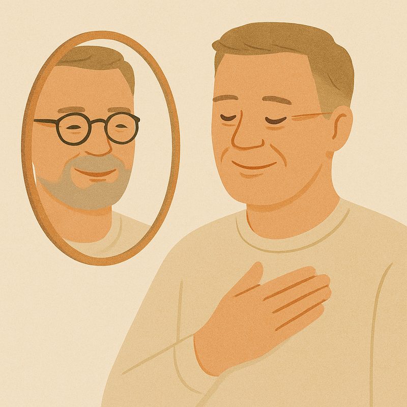 Illustration af mand med hånd på brystet, der ser sit smilende spejlbillede