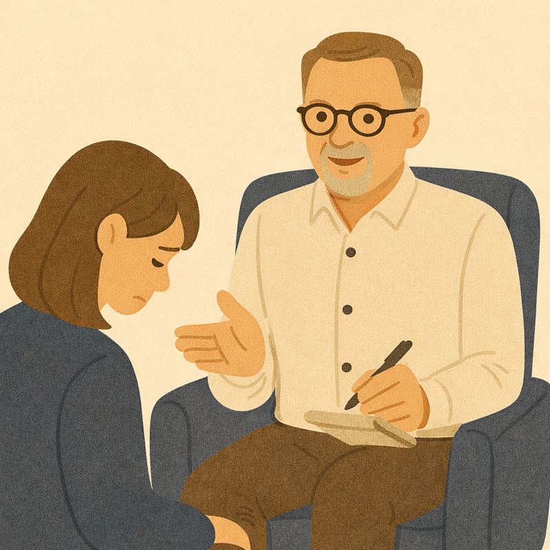 Illustration af terapeut med notesblok i samtale med en nedtrykt kvinde