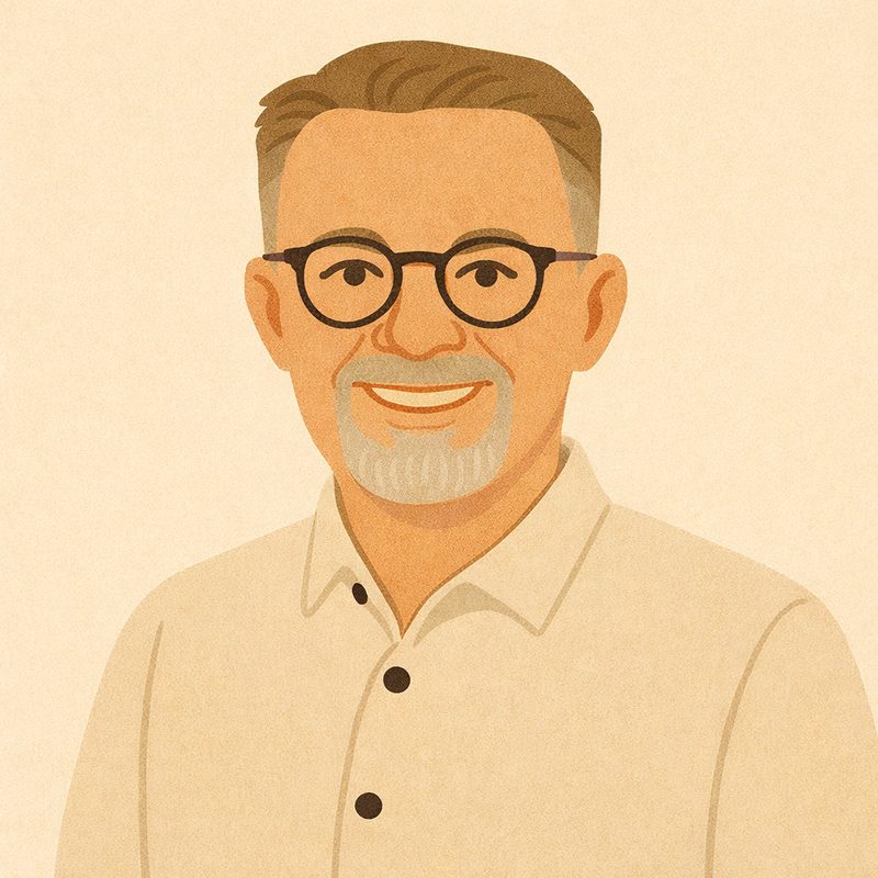 Illustration af smilende psykoterapeut med briller og skæg