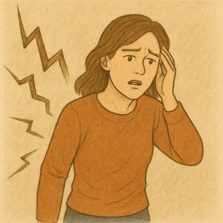 Illustration af forskrækket kvinde med hånd mod panden og lyn, krise