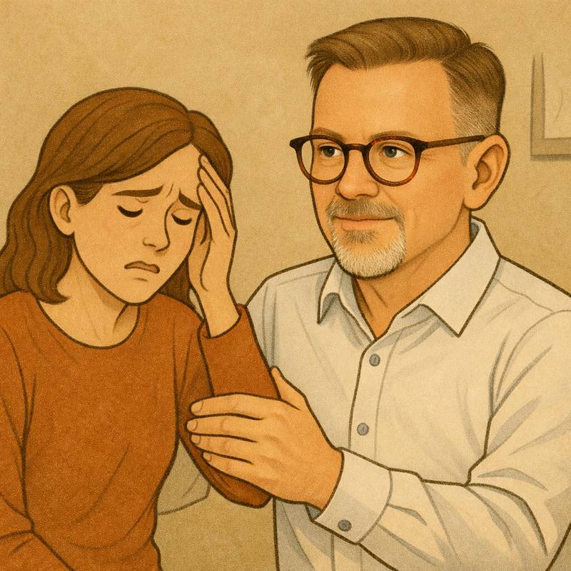 Illustration af terapeut, der trøster en kvinde i krise