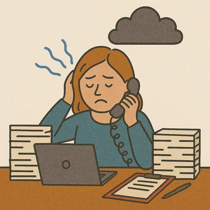 Illustration af stresset kvinde i telefon ved papirbunker og computer