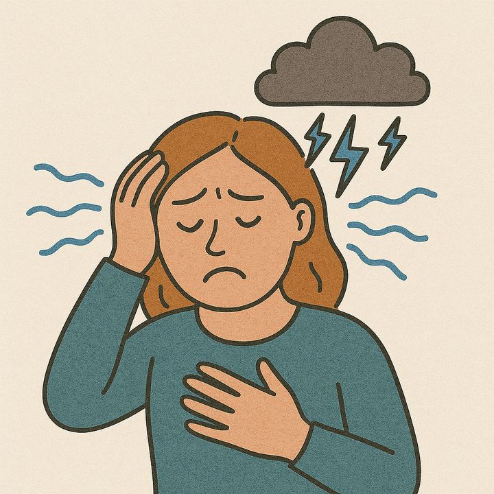 Illustration af kvinde med hånd på hoved og bryst under stormsky, stresssymptomer