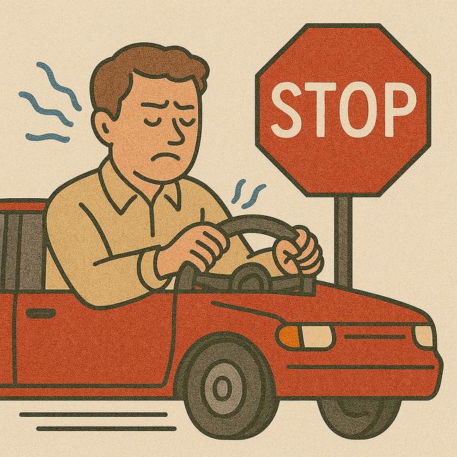 Illustration af stresset mand i bil ved et stopskilt