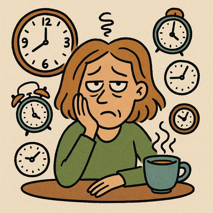 Illustration af udmattet kvinde omgivet af ure og en kop kaffe, stress
