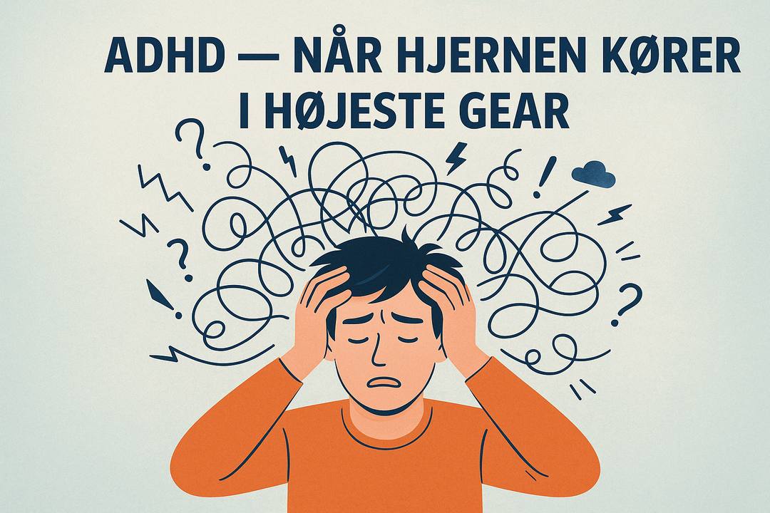 Illustration af mand med hænderne på hovedet og kaotiske tanker, ADHD