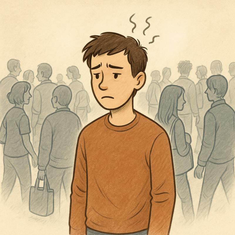 Illustration af trist ung mand i en menneskemængde, om autisme