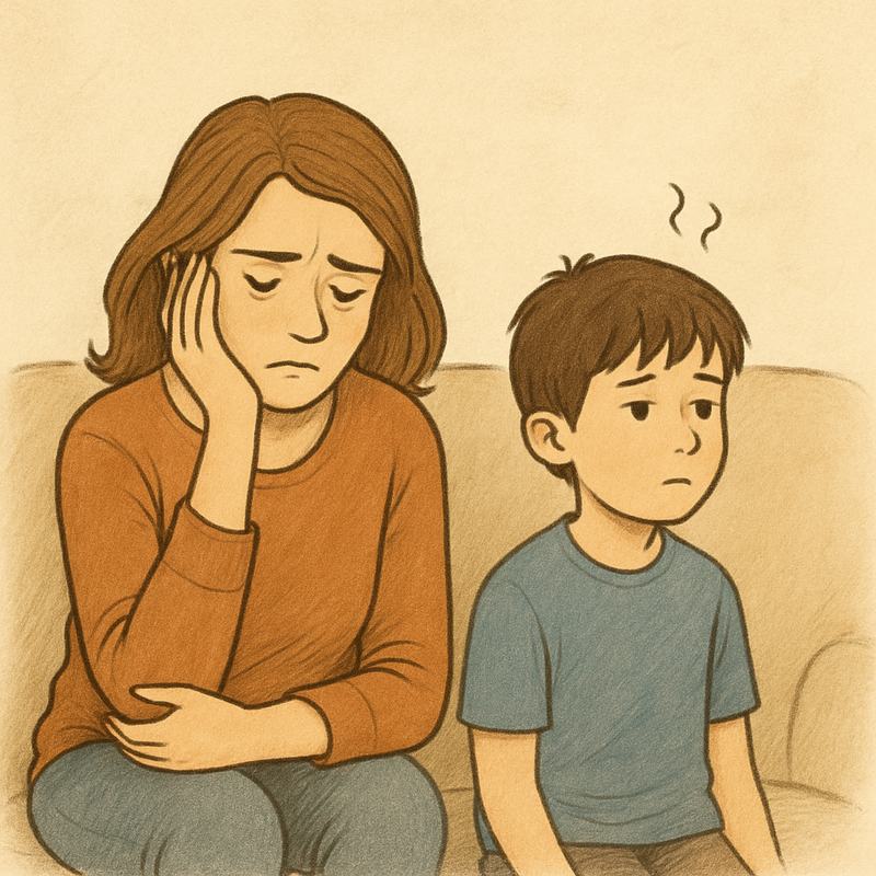 Illustration af udmattet mor og træt barn på sofa, forældre til barn med autisme