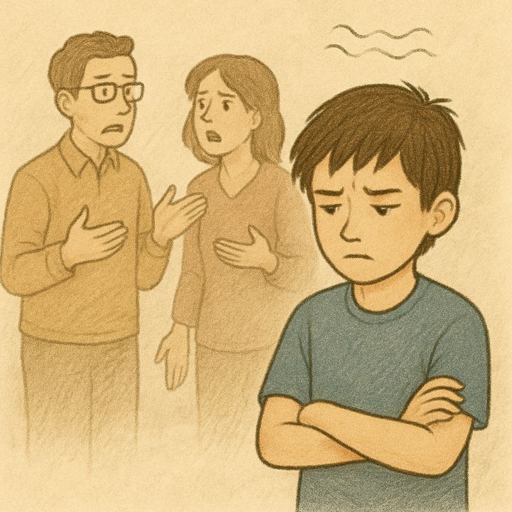 Illustration af forældre i baggrunden og en vred dreng med korslagte arme, autisme